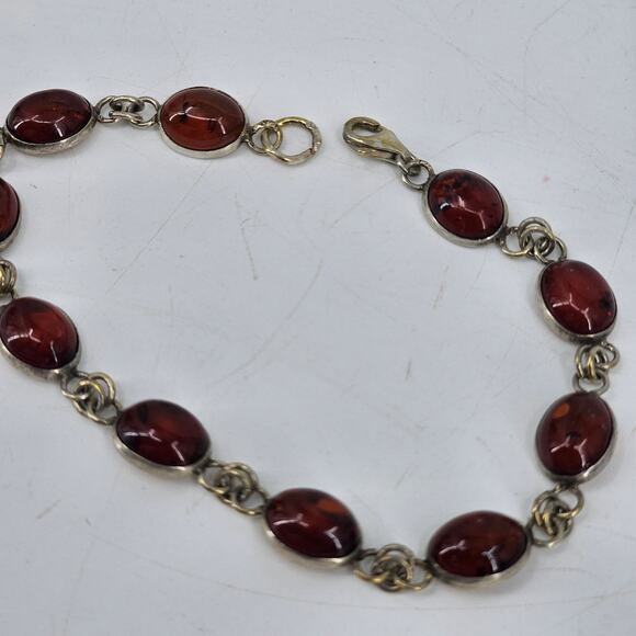 Baltic Cognac Amber Link Tennis Bracelet Silver 8" Not Stamped Boho Bohemian - Picture 2 of 4